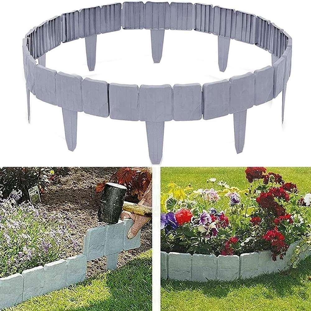 Stone effect plastic bed border sections around a flower bed